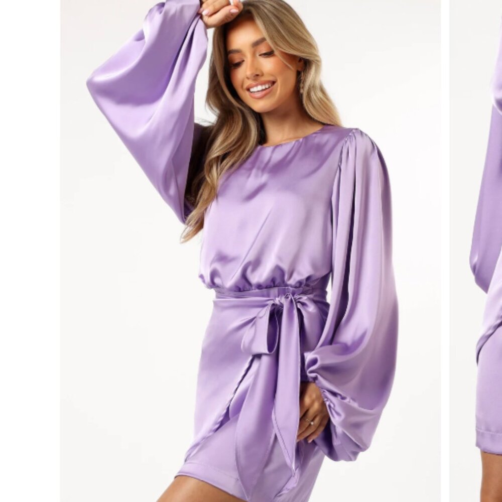 NWT - Opal Tie Waist Long Sleeve Satin Minidress in Lavendar - BY PETAL & PUP